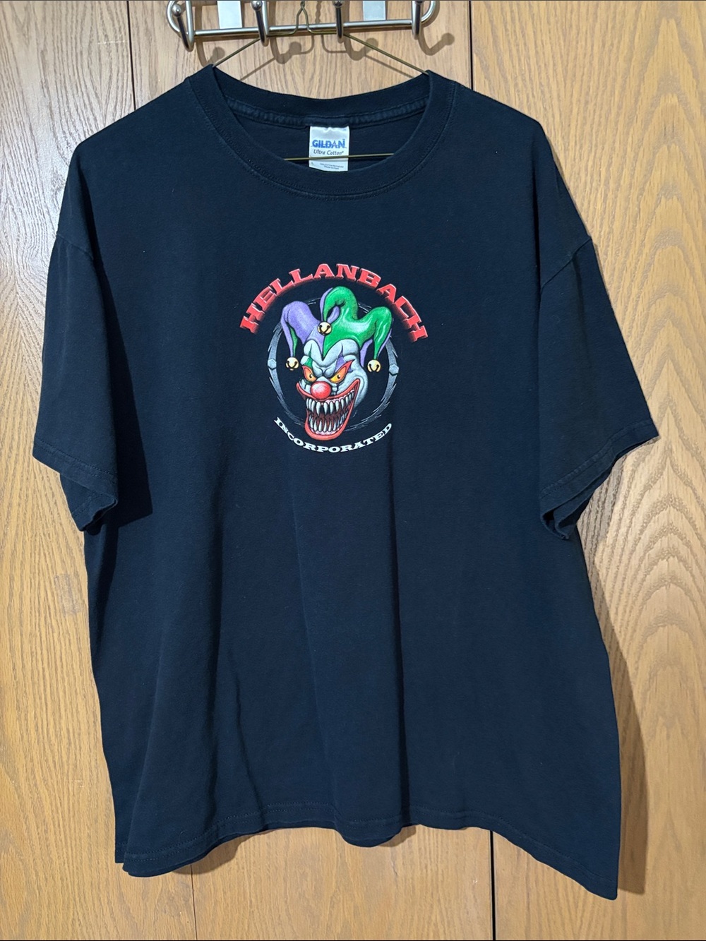 Gildan Black T‑Shirt with Colorful Joker Graphic (Green, Purple, Red)